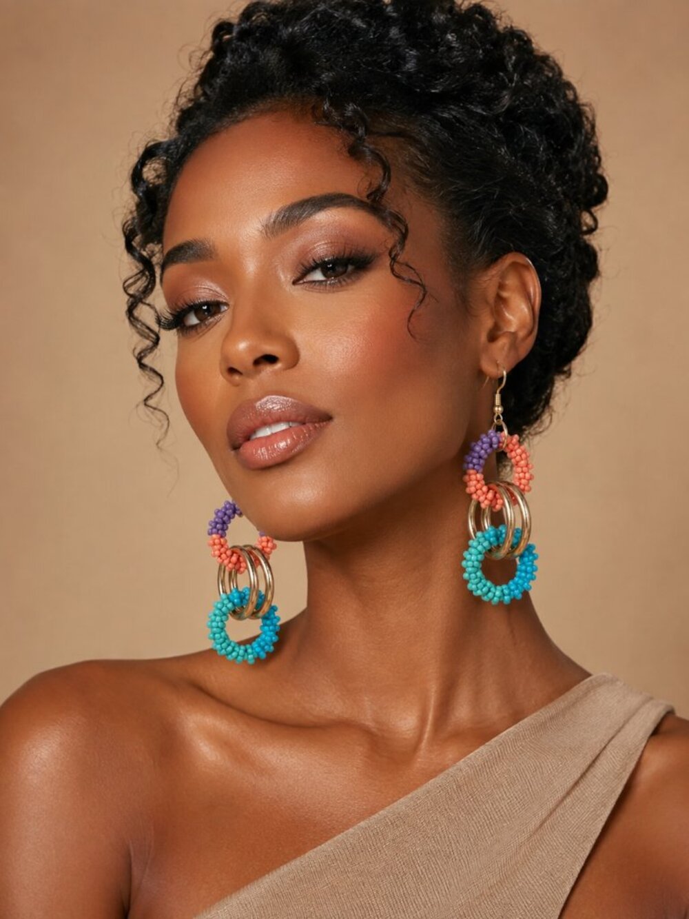 Colorful Beaded Multi-Hoop Drop Earrings - Picture 4 of 6